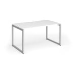 Rectangular desk with white top and silver metal legs on a white background