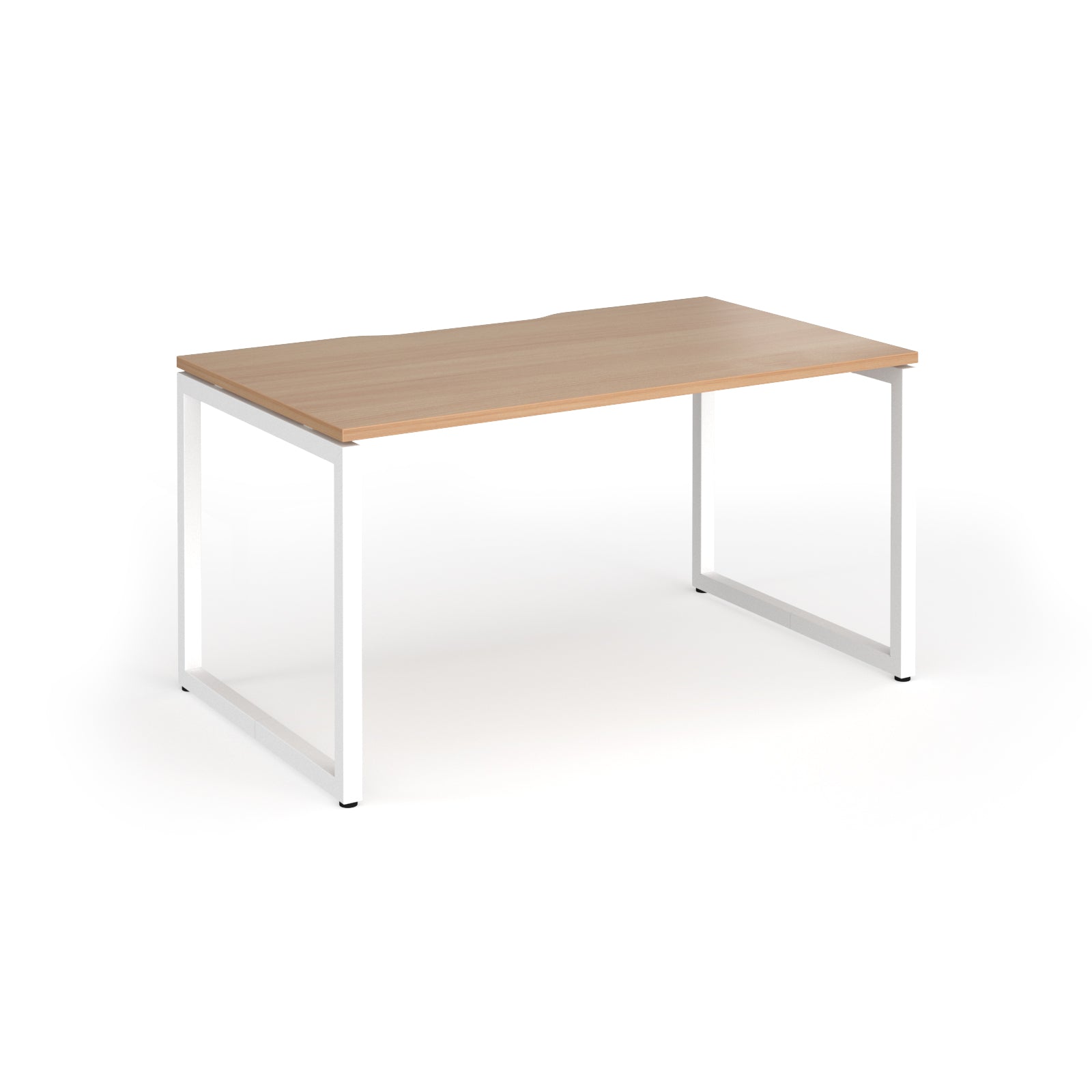 Rectangular desk with wood-effect top and white metal legs on a white background