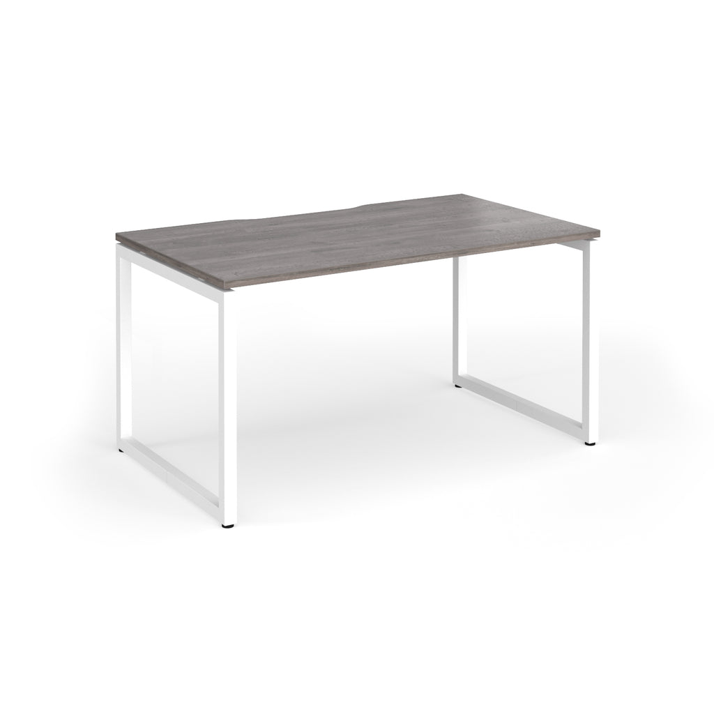 Rectangular desk with grey wood-effect top and white metal legs on a white background