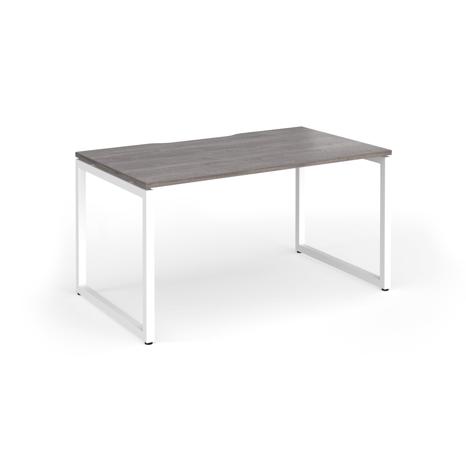 Rectangular desk with grey wood-effect top and white metal legs on a white background