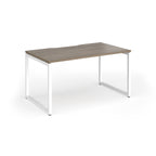 Rectangular desk with wood-effect top and white metal legs on a white background