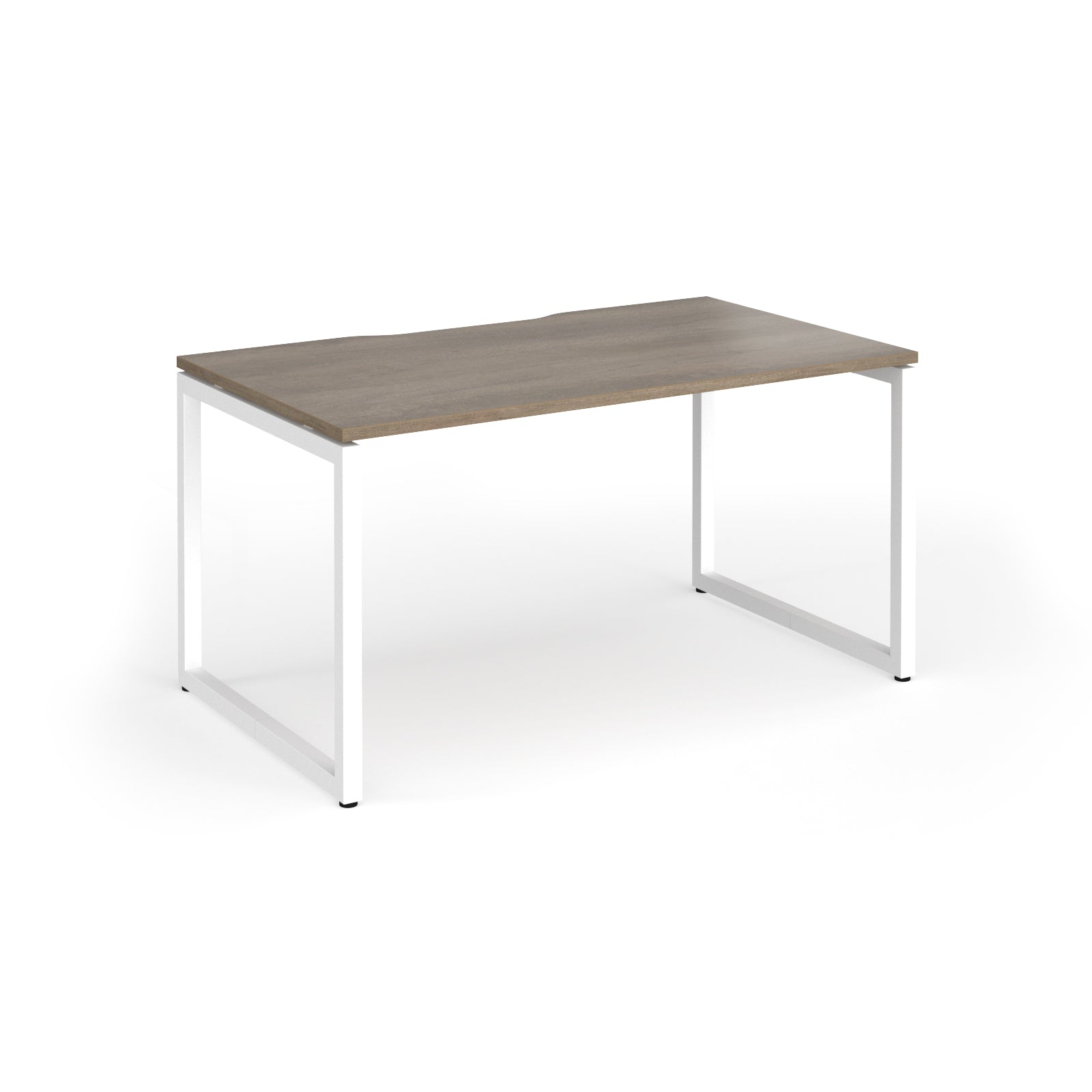 Rectangular desk with wood-effect top and white metal legs on a white background
