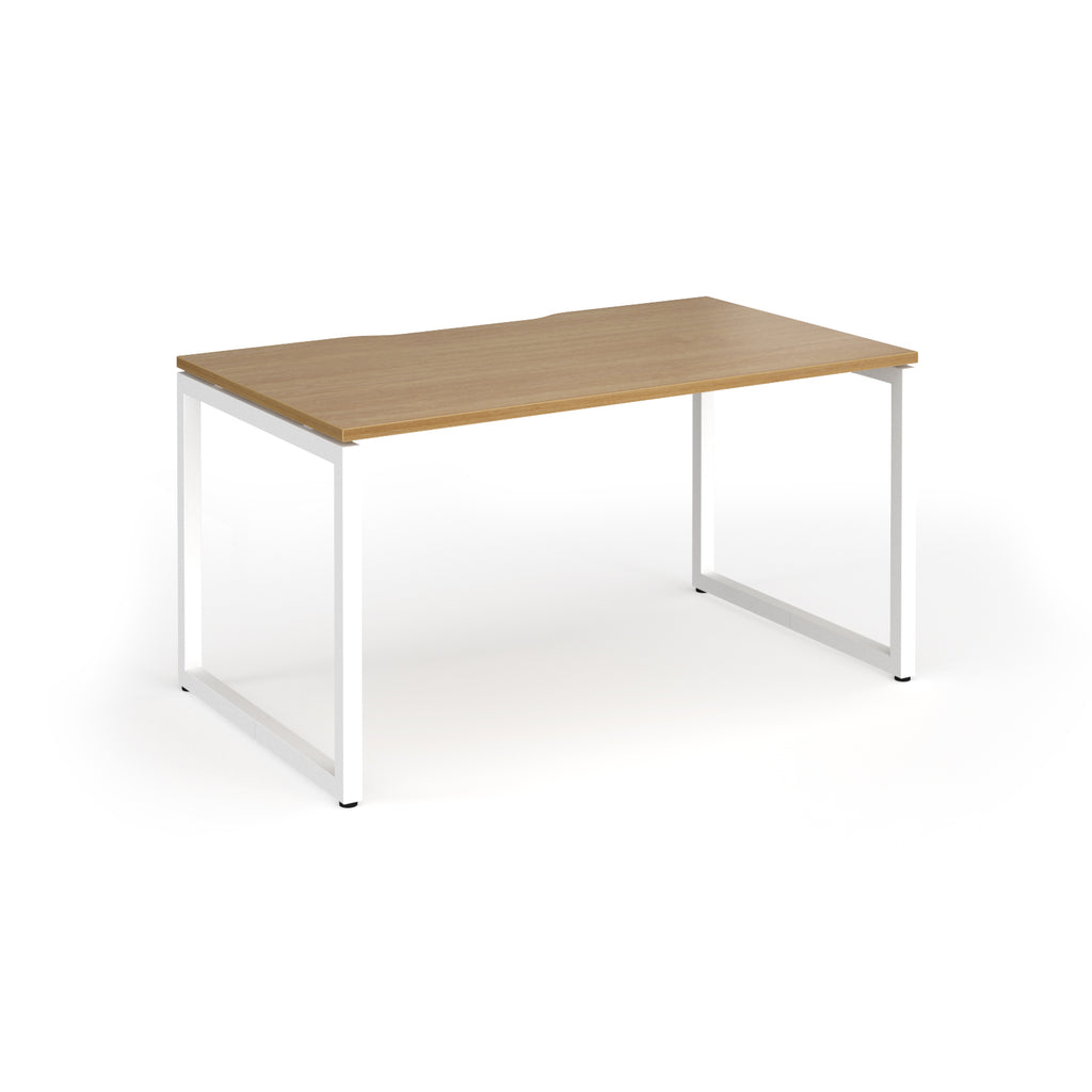 Rectangular desk with wood-effect top and white metal legs on a white background