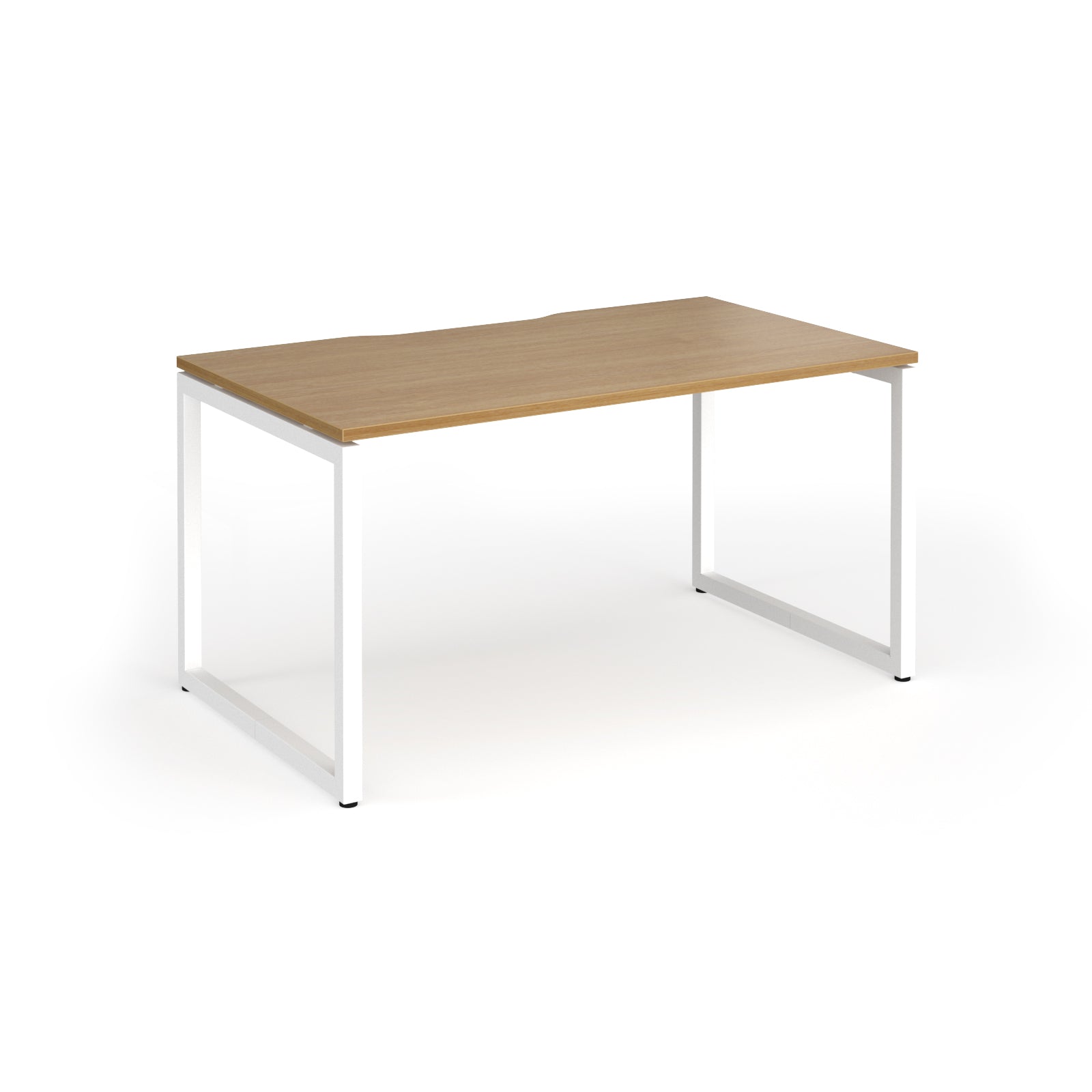 Rectangular desk with wood-effect top and white metal legs on a white background