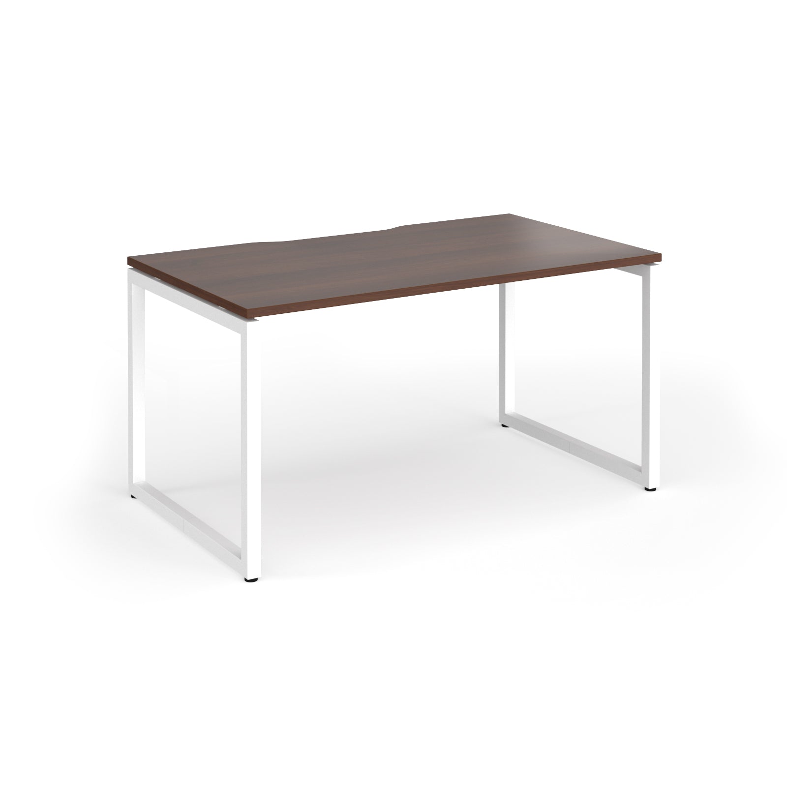Rectangular desk with wood-effect top and white metal legs on a white background
