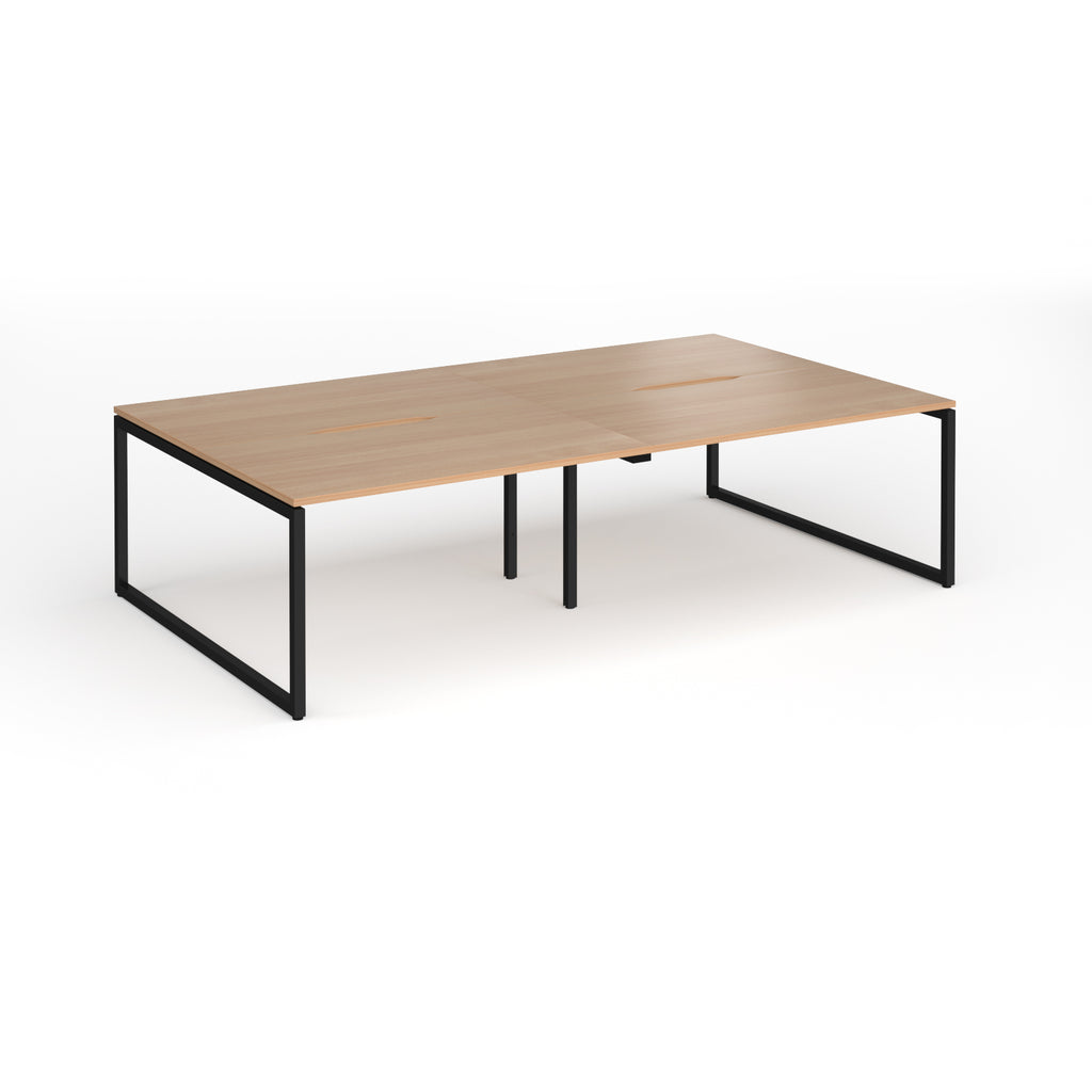 Back-to-back bench desk with wood-effect top and black metal legs on a white background