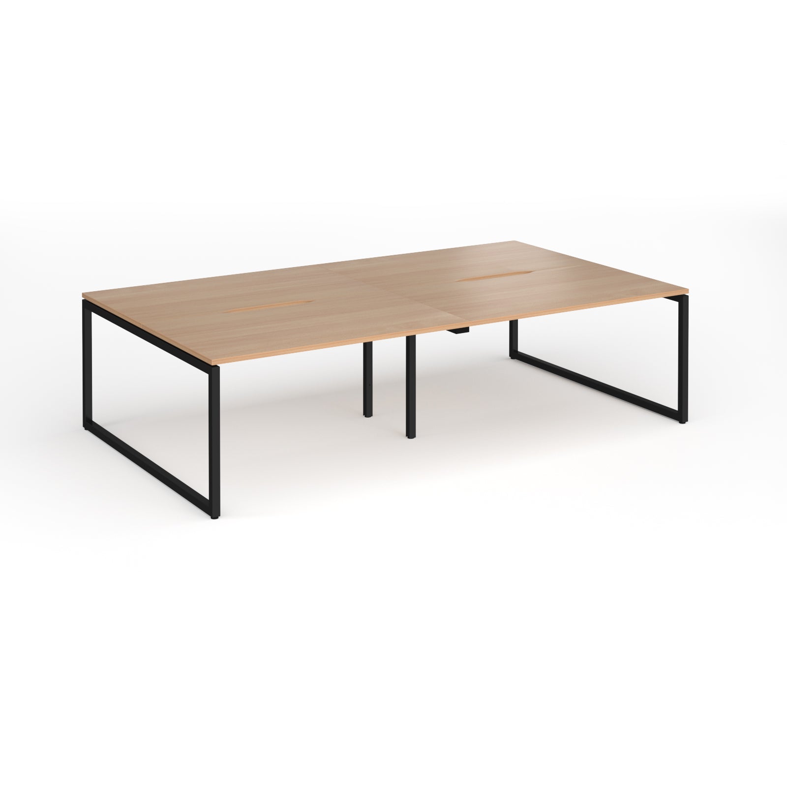 Back-to-back bench desk with wood-effect top and black metal legs on a white background