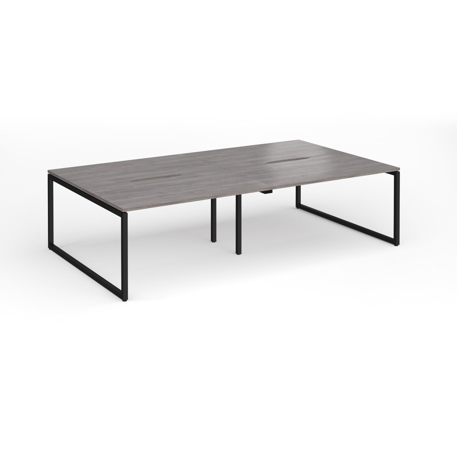 Back-to-back bench desk with grey wood-effect top and black metal legs on a white background
