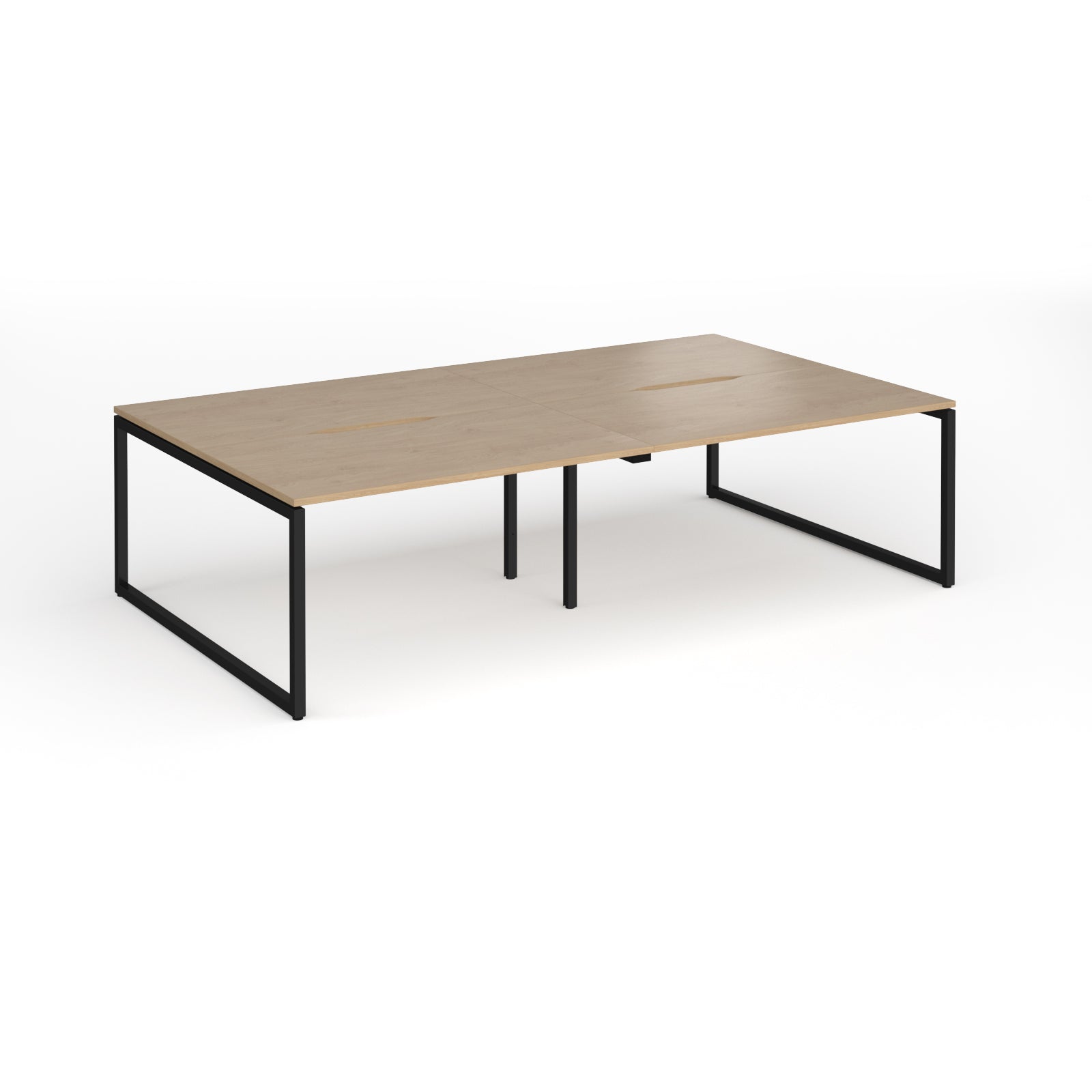Back-to-back bench desk with wood-effect top and black metal legs on a white background