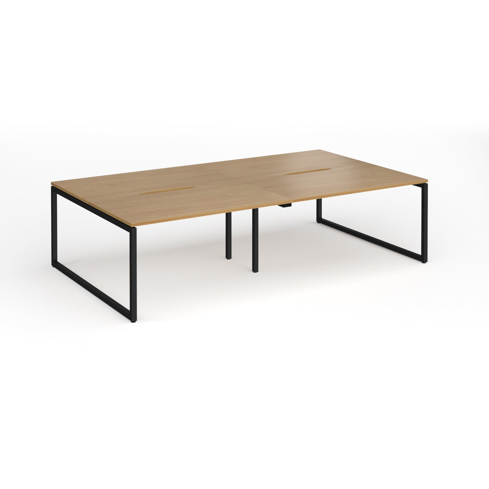 Back-to-back bench desk with wood-effect top and black metal legs on a white background