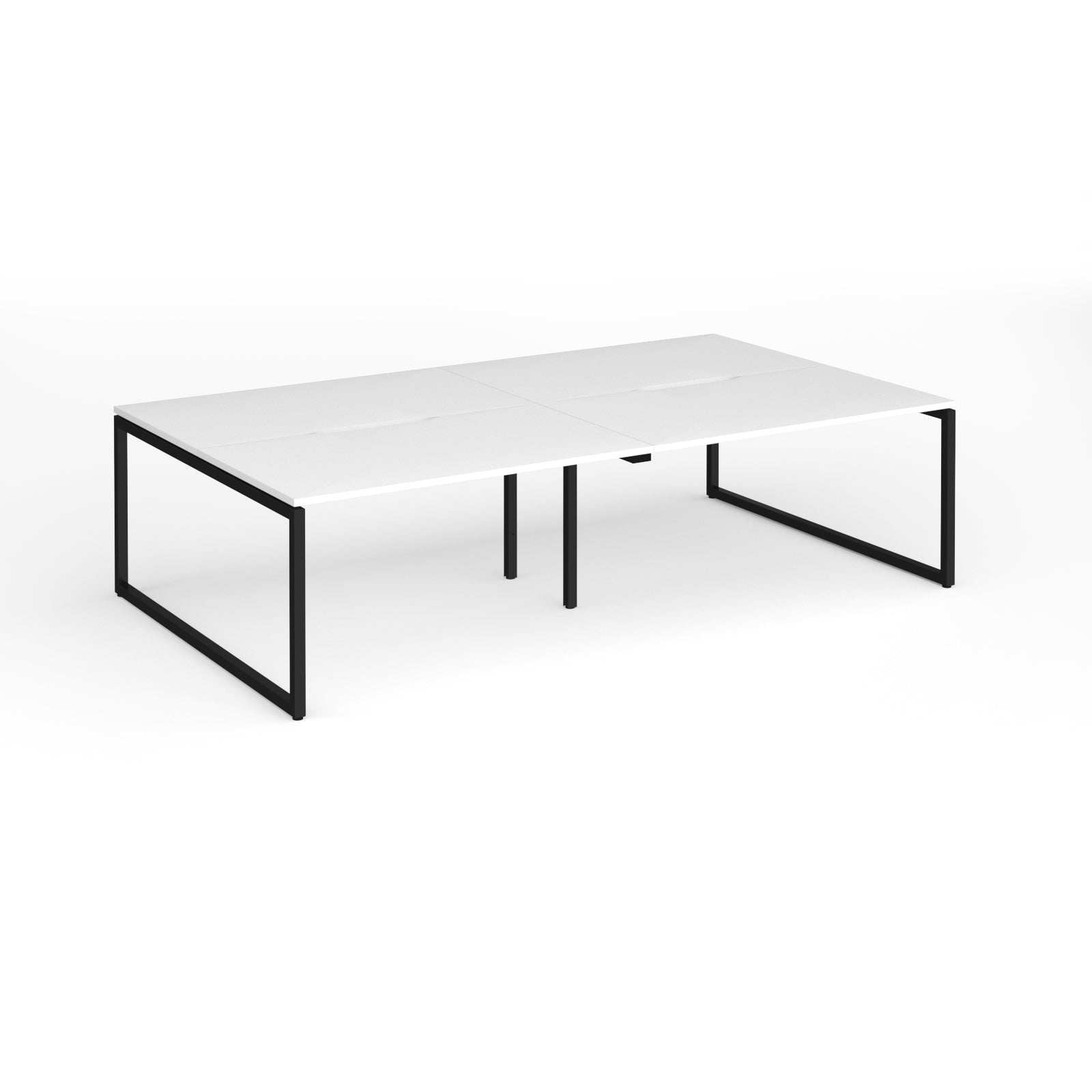 Back-to-back bench desk with white top and black metal legs on a white background