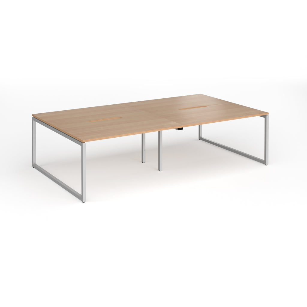 Back-to-back bench desk with wood-effect top and silver metal legs on a white background