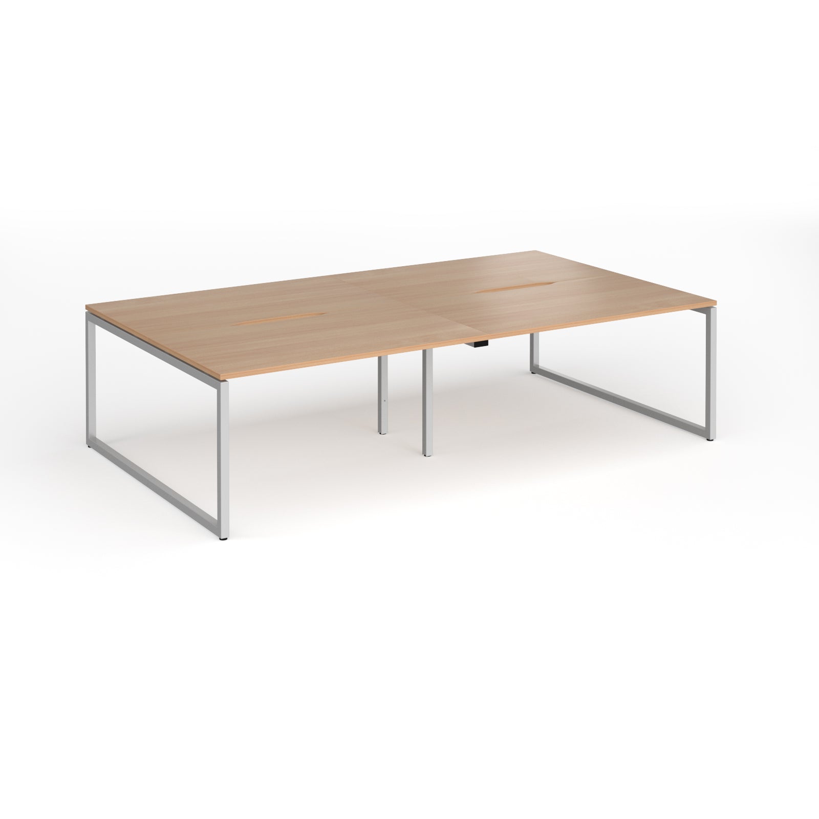 Back-to-back bench desk with wood-effect top and silver metal legs on a white background