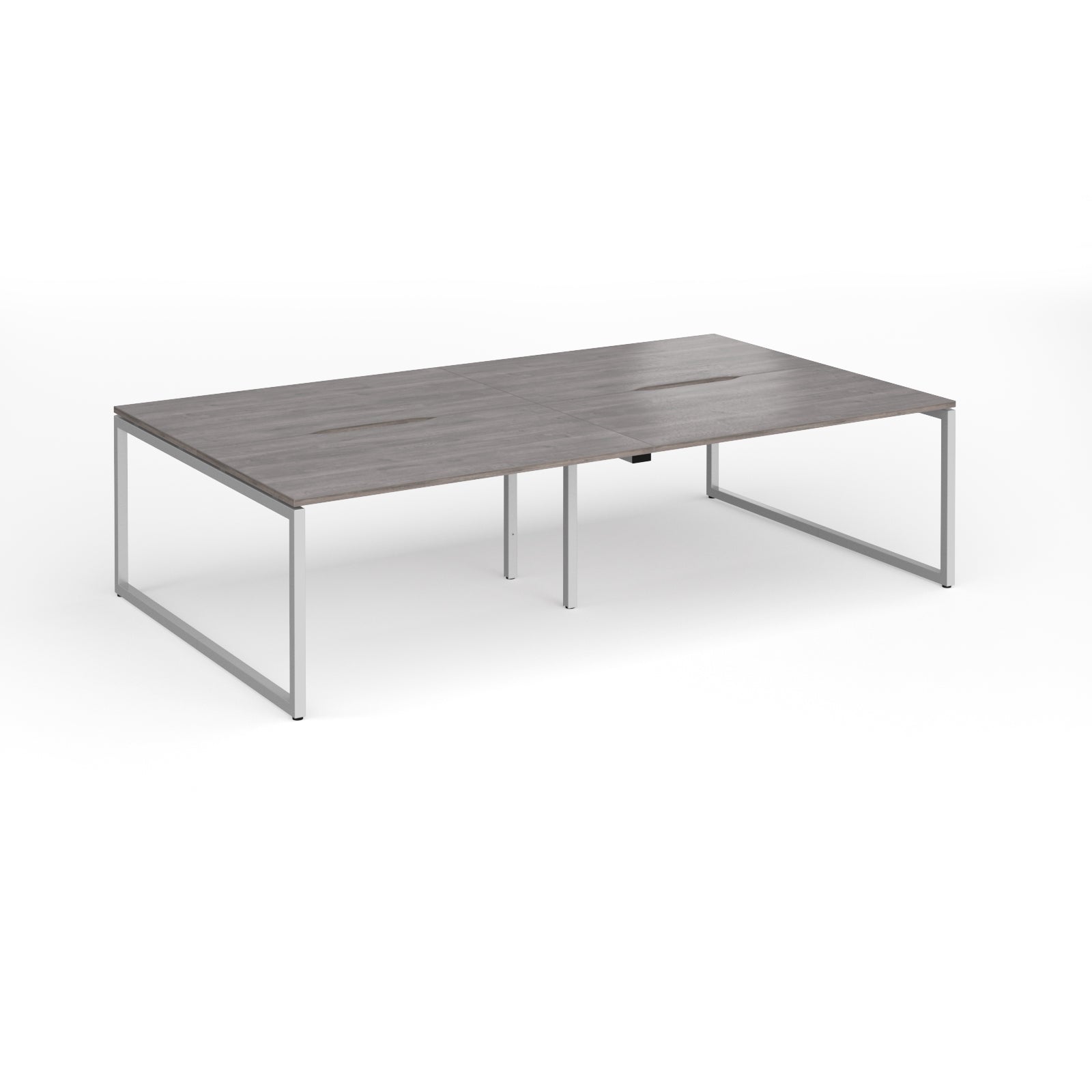Back-to-back bench desk with grey wood-effect top and silver metal legs on a white background