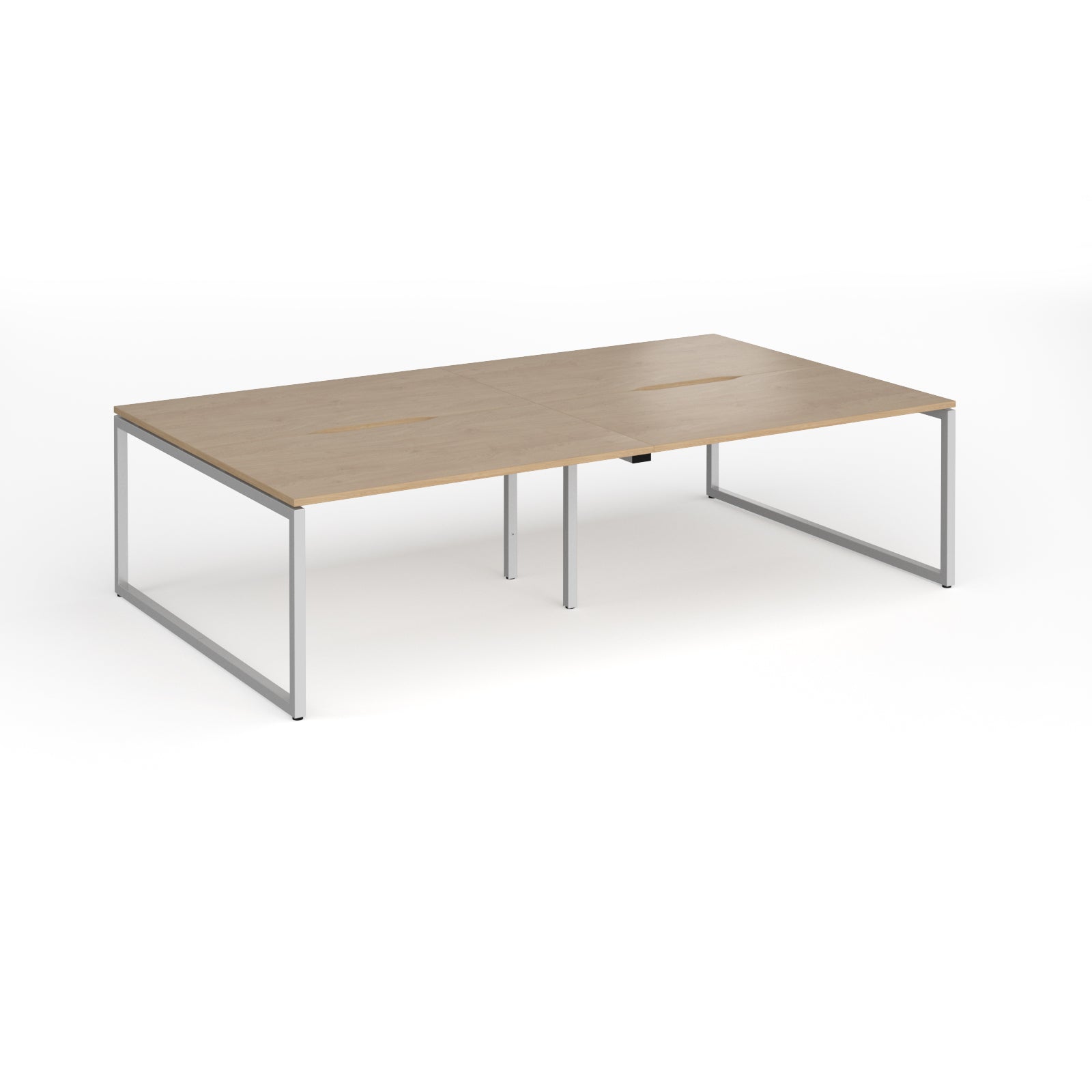 Back-to-back bench desk with wood-effect top and silver metal legs on a white background