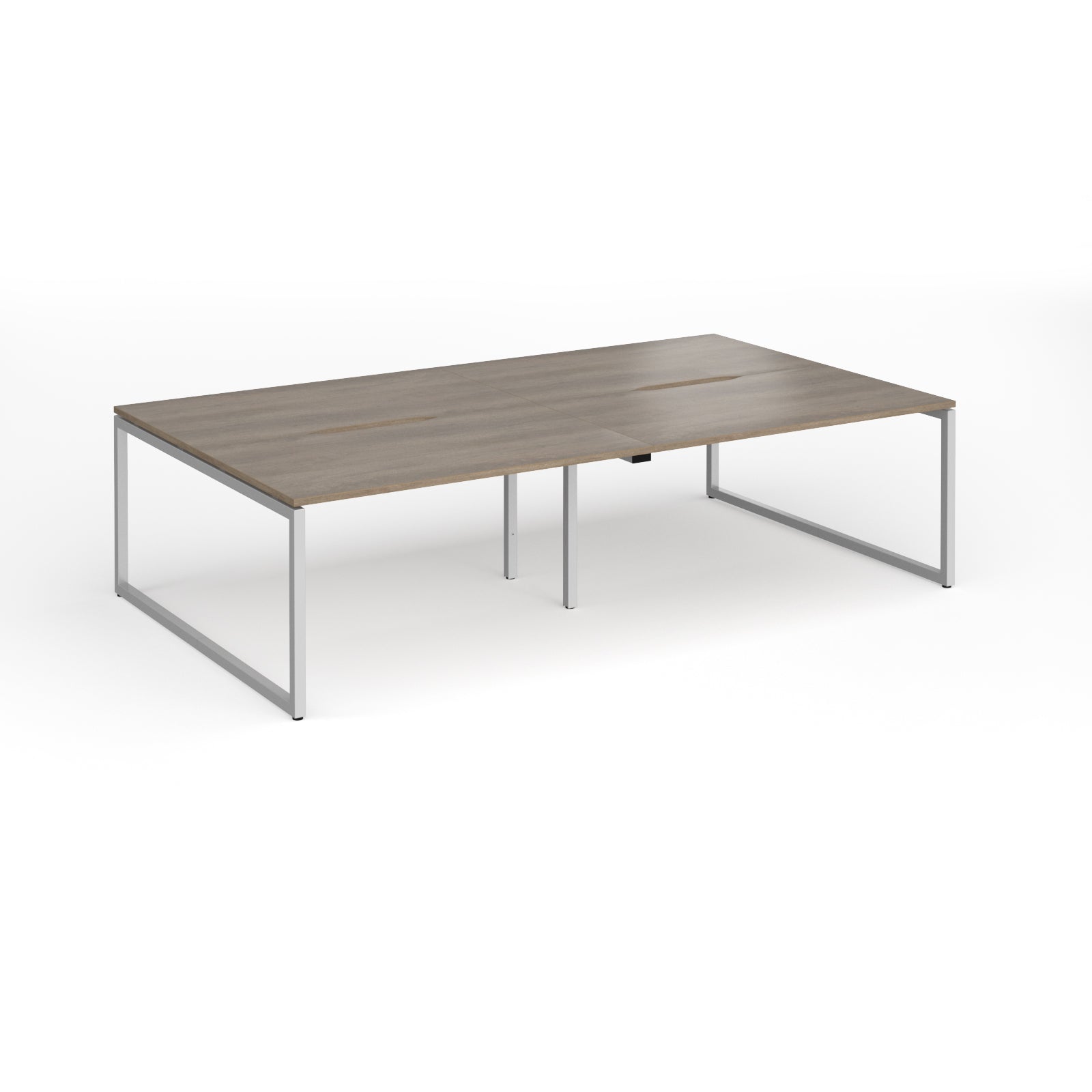 Back-to-back bench desk with wood-effect top and silver metal legs on a white background