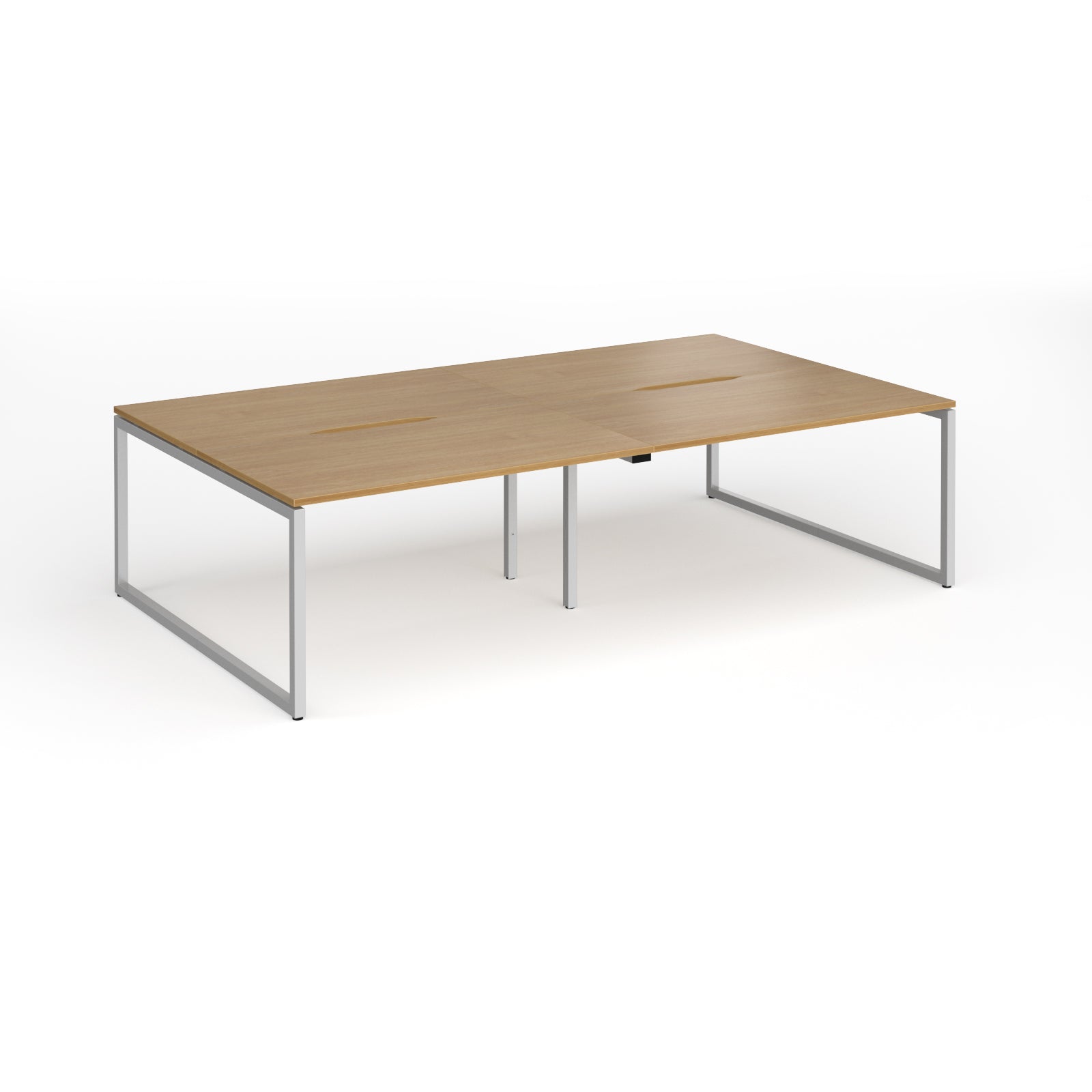 Back-to-back bench desk with wood-effect top and silver metal legs on a white background