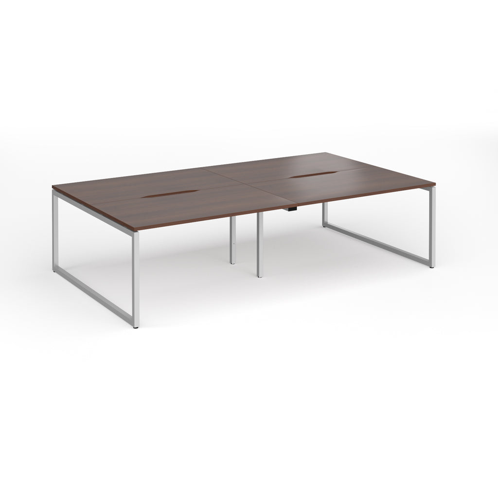 Back-to-back bench desk with wood-effect top and silver metal legs on a white background