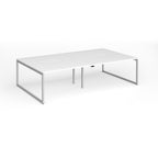 Back-to-back bench desk with white top and silver metal legs on a white background