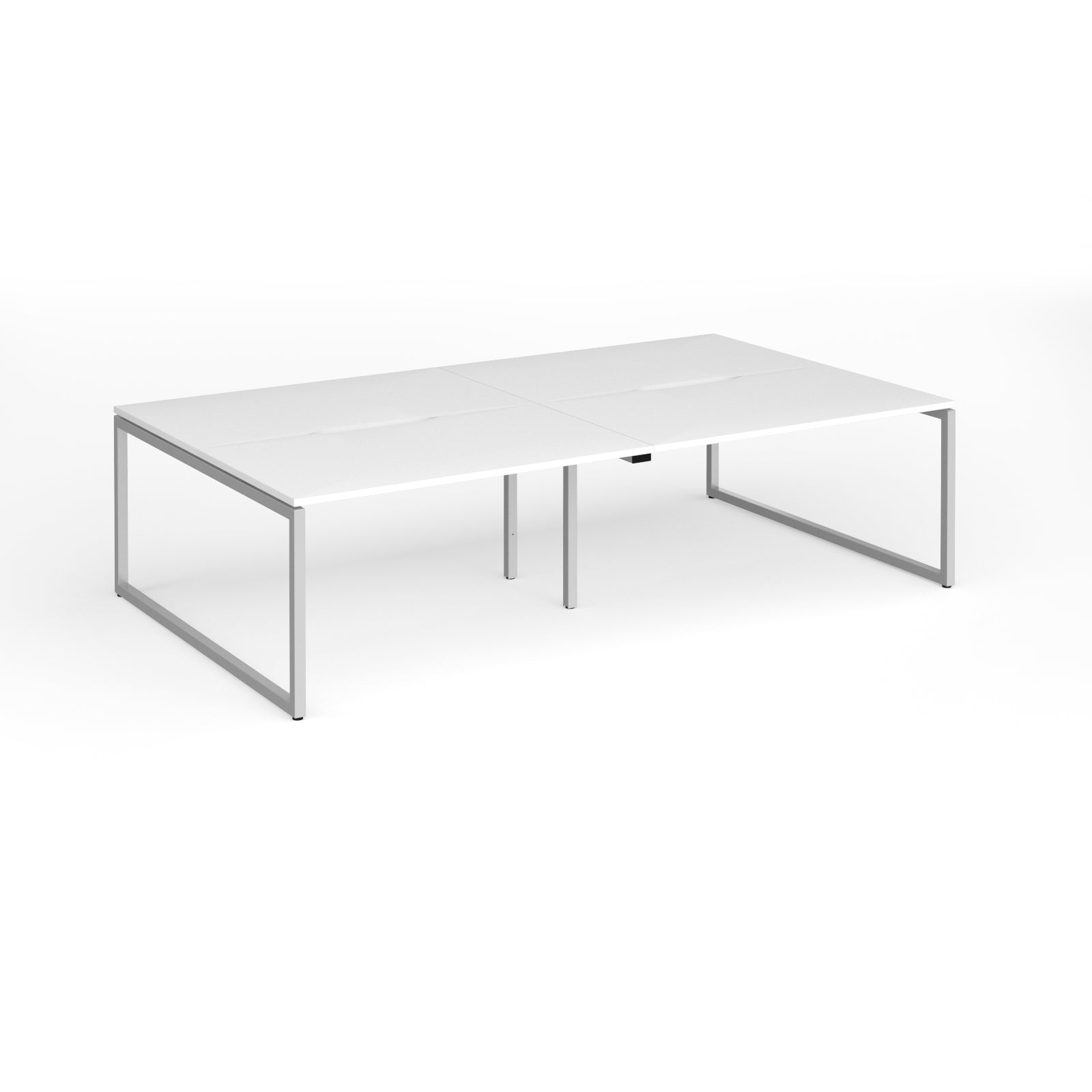 Back-to-back bench desk with white top and silver metal legs on a white background