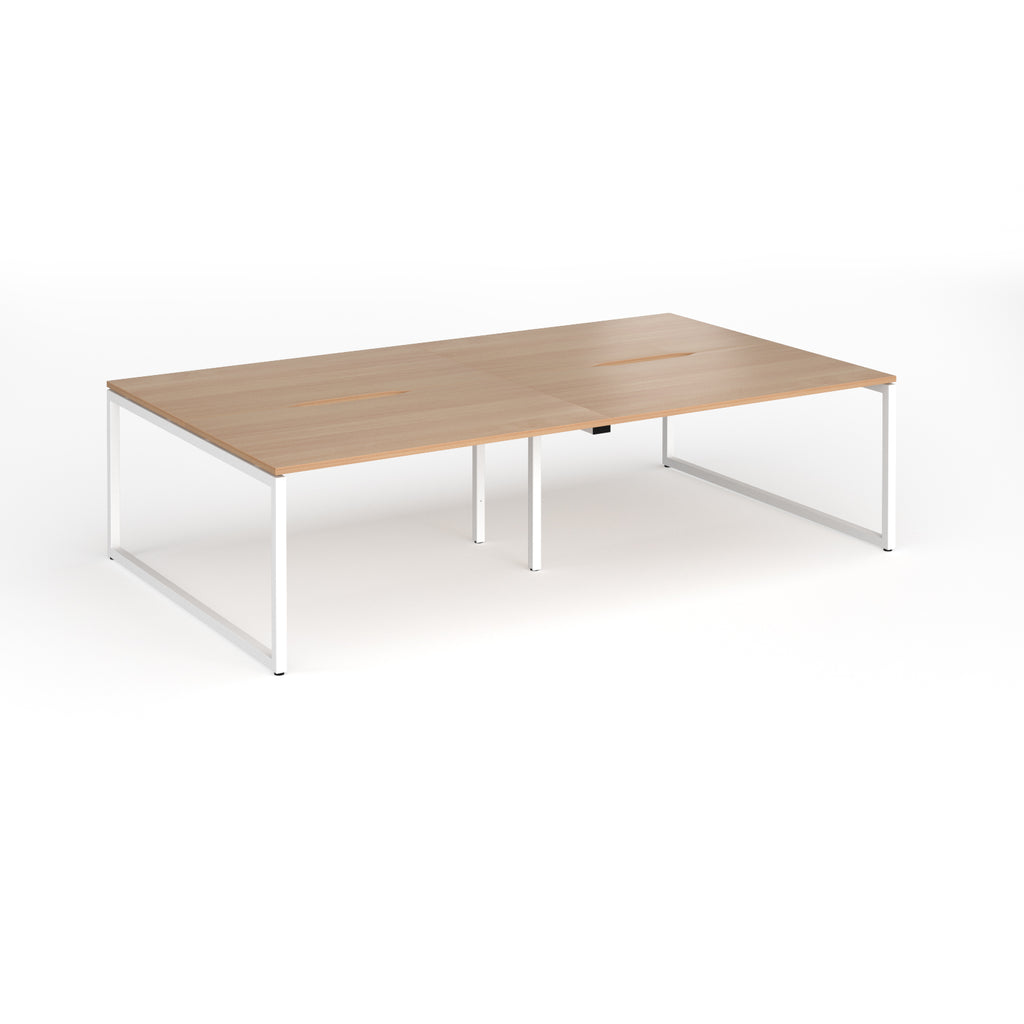 Back-to-back bench desk with wood-effect top and white metal legs on a white background