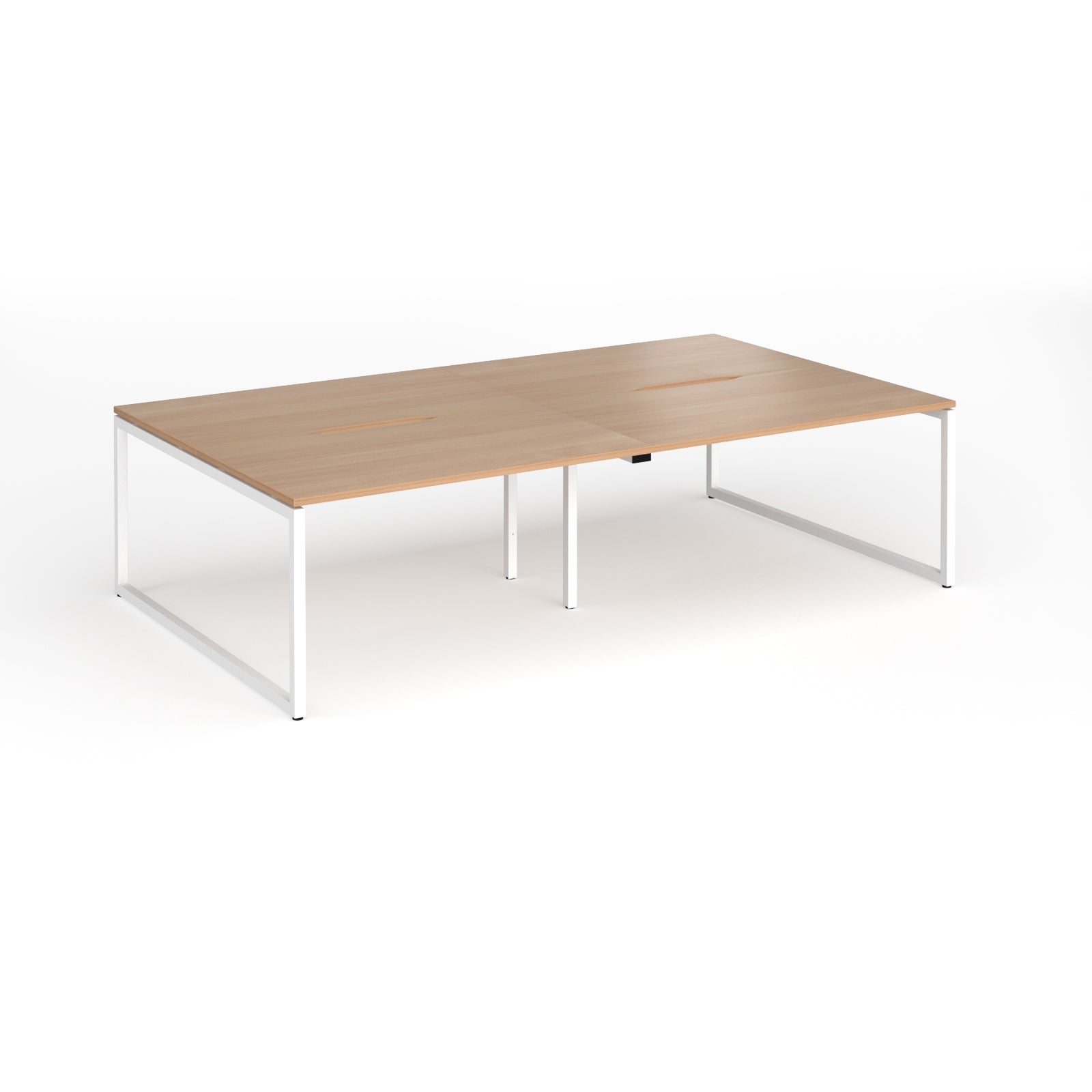 Back-to-back bench desk with wood-effect top and white metal legs on a white background