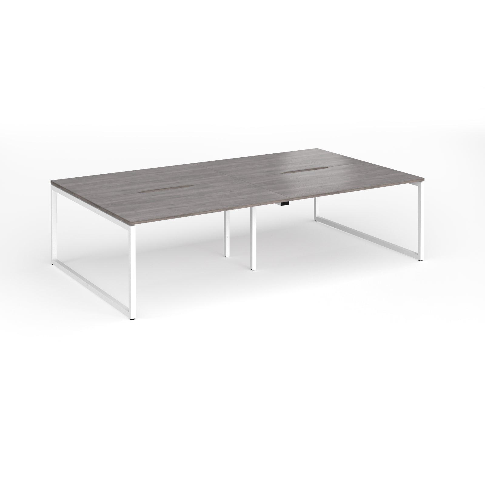 Back-to-back bench desk with grey wood-effect top and white metal legs on a white background