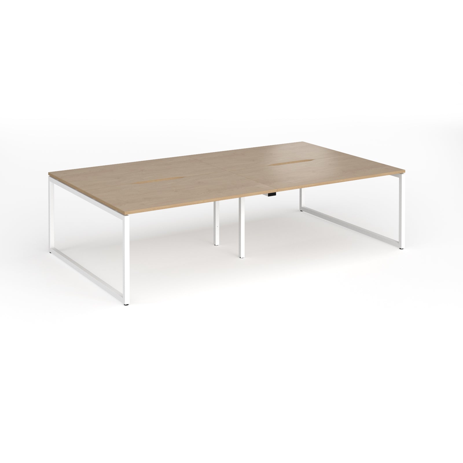 Back-to-back bench desk with wood-effect top and white metal legs on a white background
