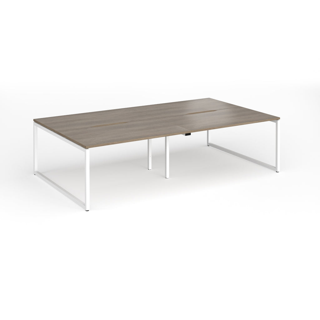 Back-to-back bench desk with wood-effect top and white metal legs on a white background
