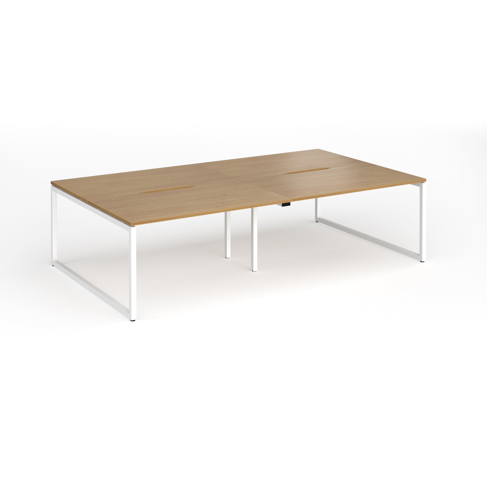 Back-to-back bench desk with wood-effect top and white metal legs on a white background