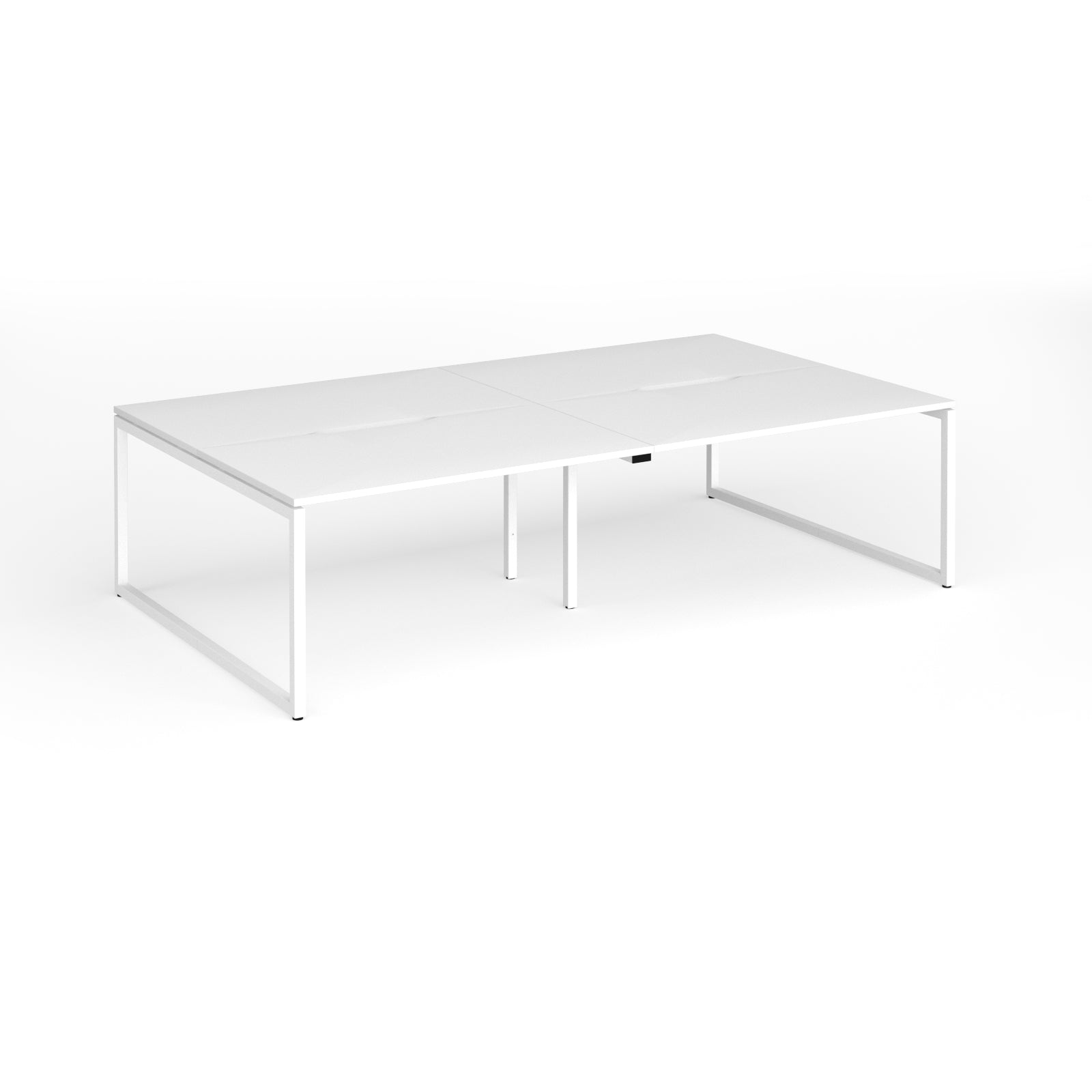 White back-to-back bench desk with metal legs on a white background