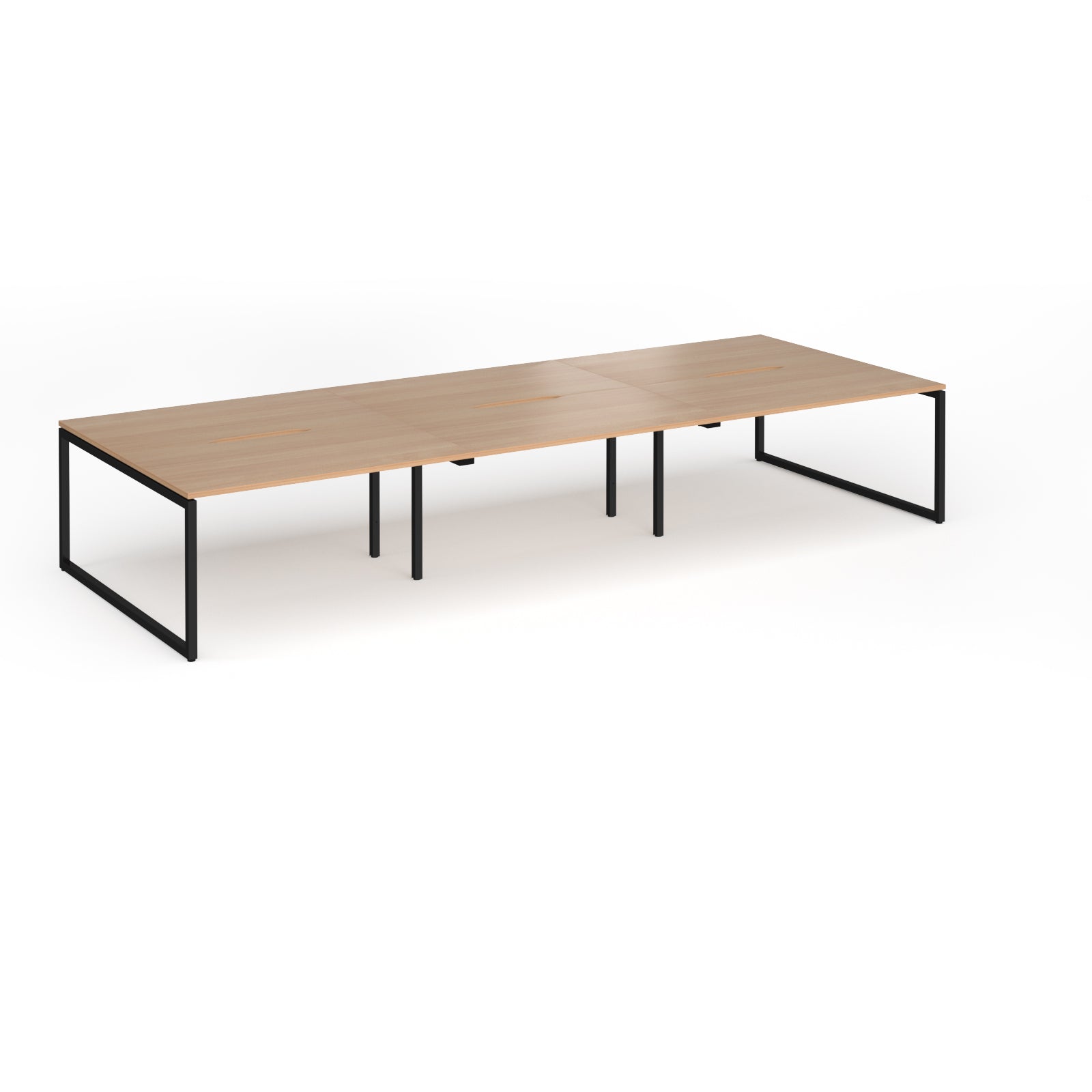 Long back-to-back desk with wood-effect top and black metal legs on a white background