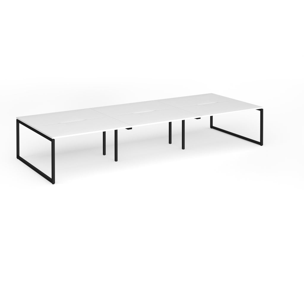 Long back-to-back desk with white top and black metal legs on a white background