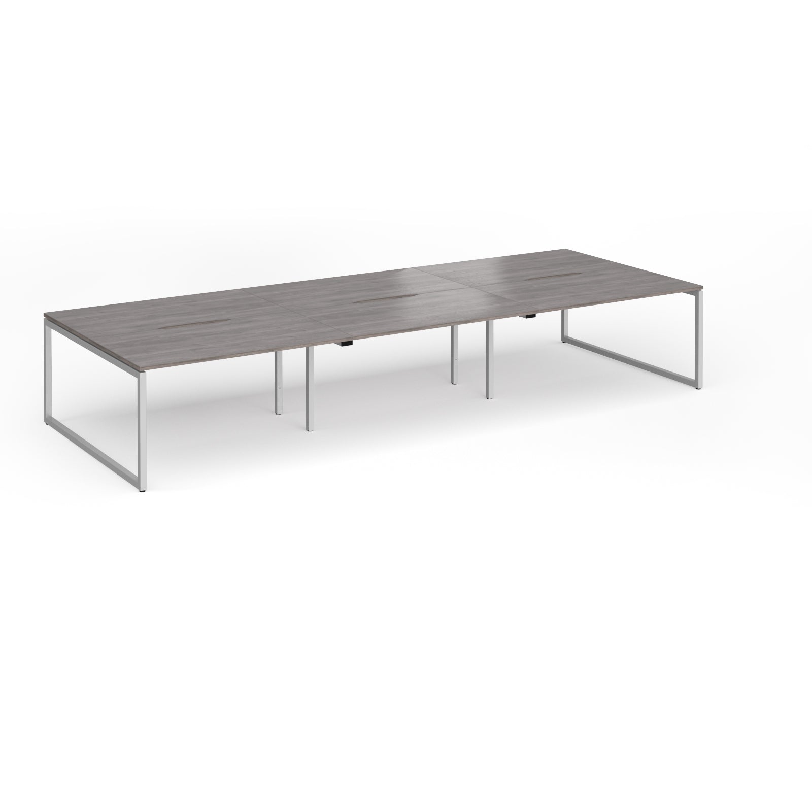 Long back-to-back desk with grey wood-effect top and silver metal legs on a white background