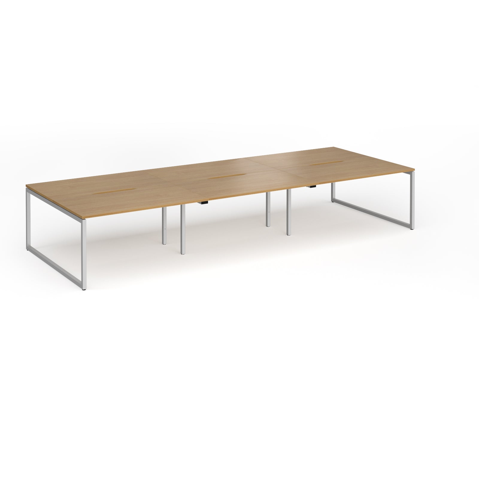 Long back-to-back desk with wood-effect top and silver metal legs on a white background