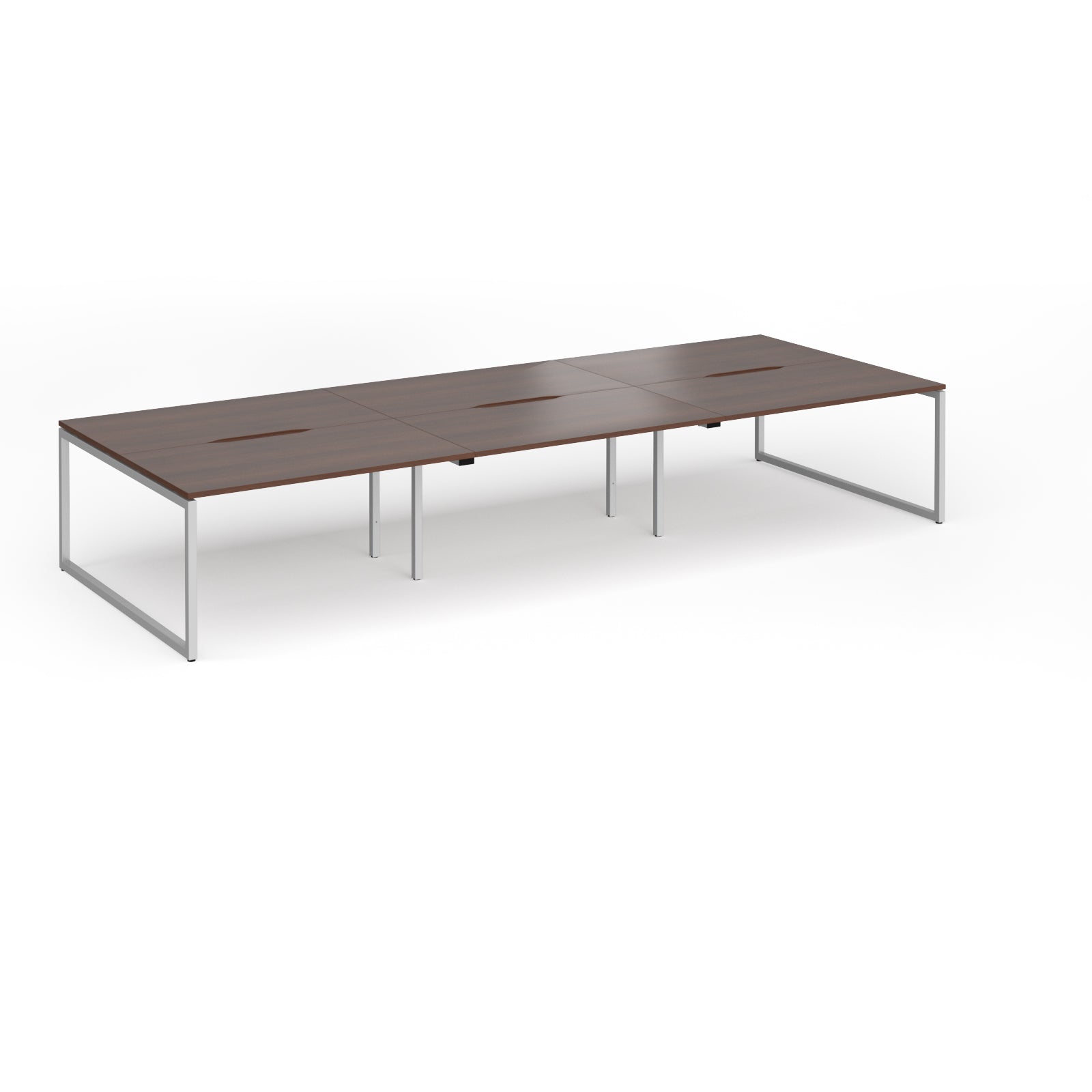 Long back-to-back desk with wood-effect top and silver metal legs on a white background