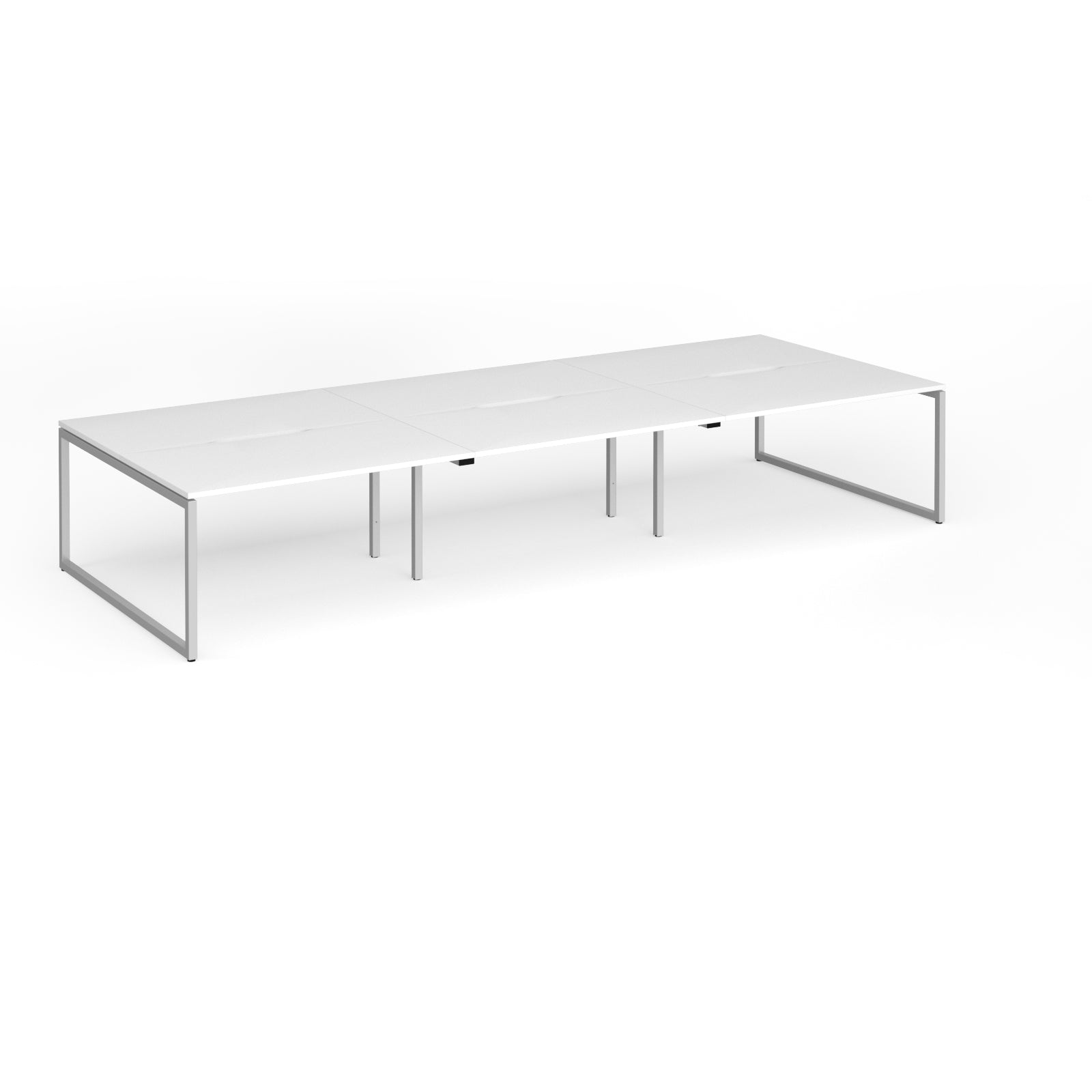 Long back-to-back desk with white top and silver metal legs on a white background