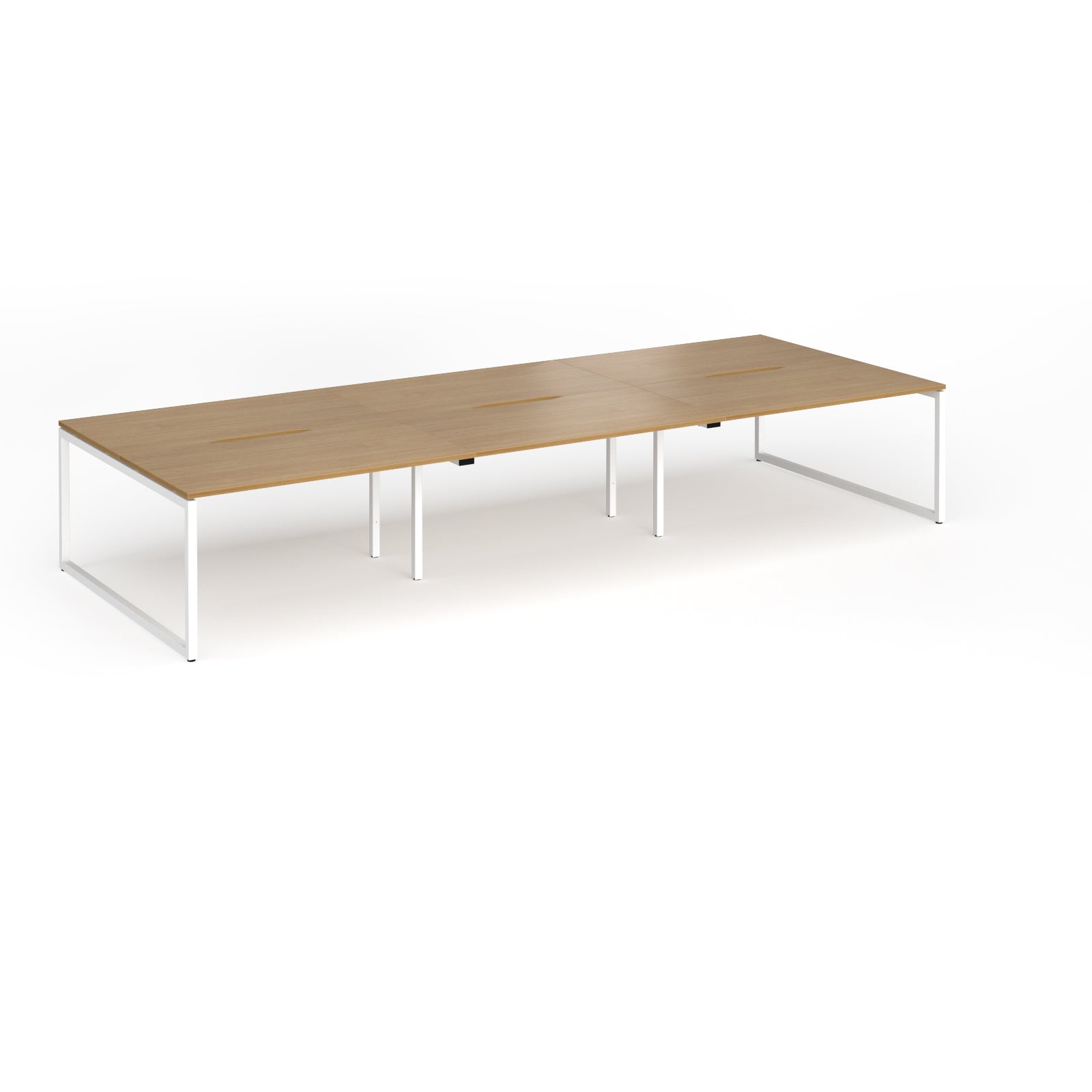 Long back-to-back desk with wood-effect top and white metal legs on a white background