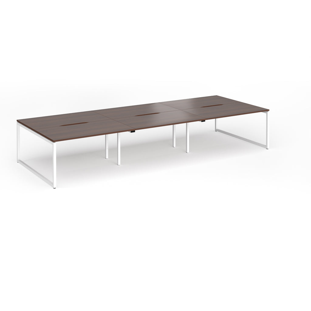 Long back-to-back desk with wood-effect top and white metal legs on a white background