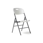White folding chair with black legs on a white background