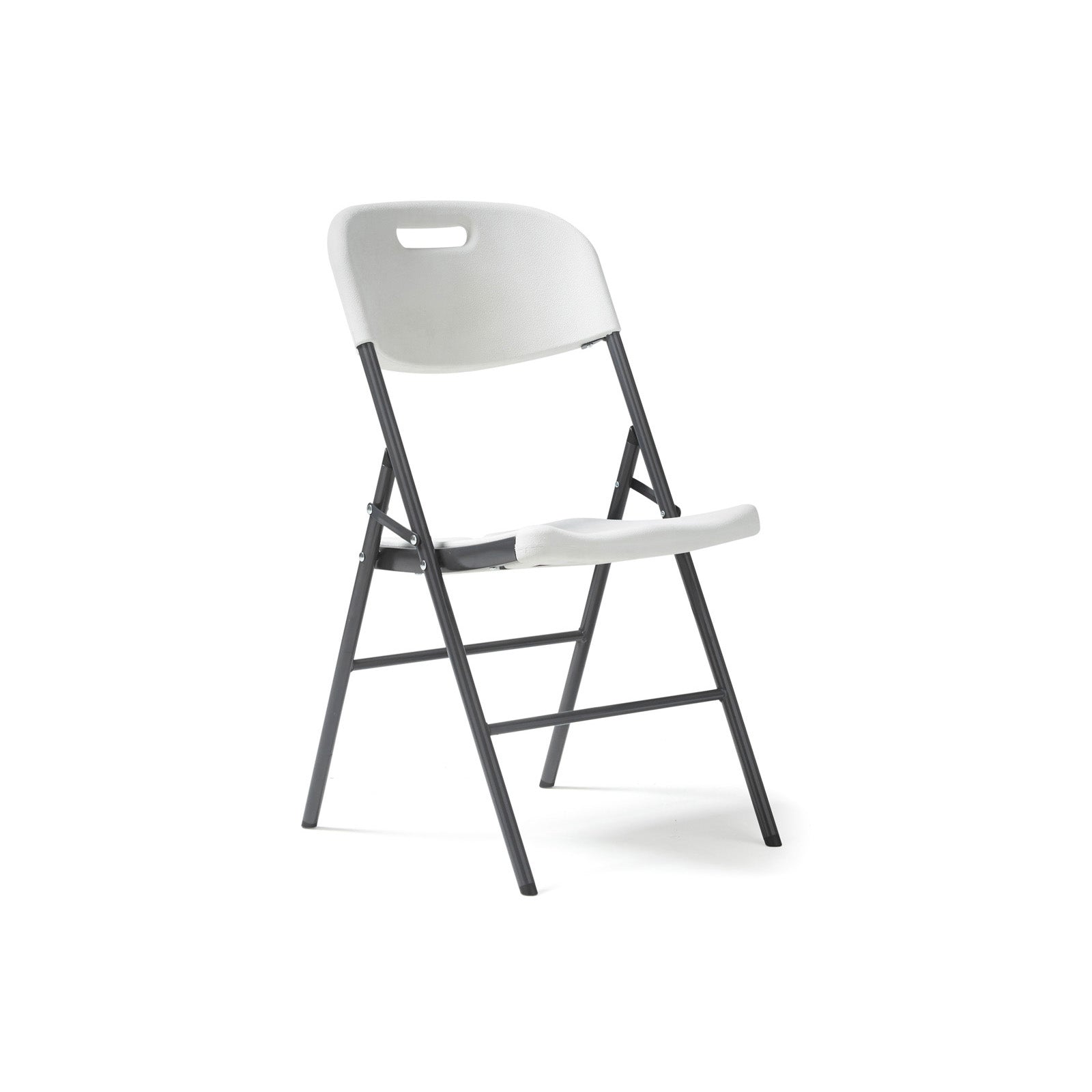 White folding chair with black legs on a white background