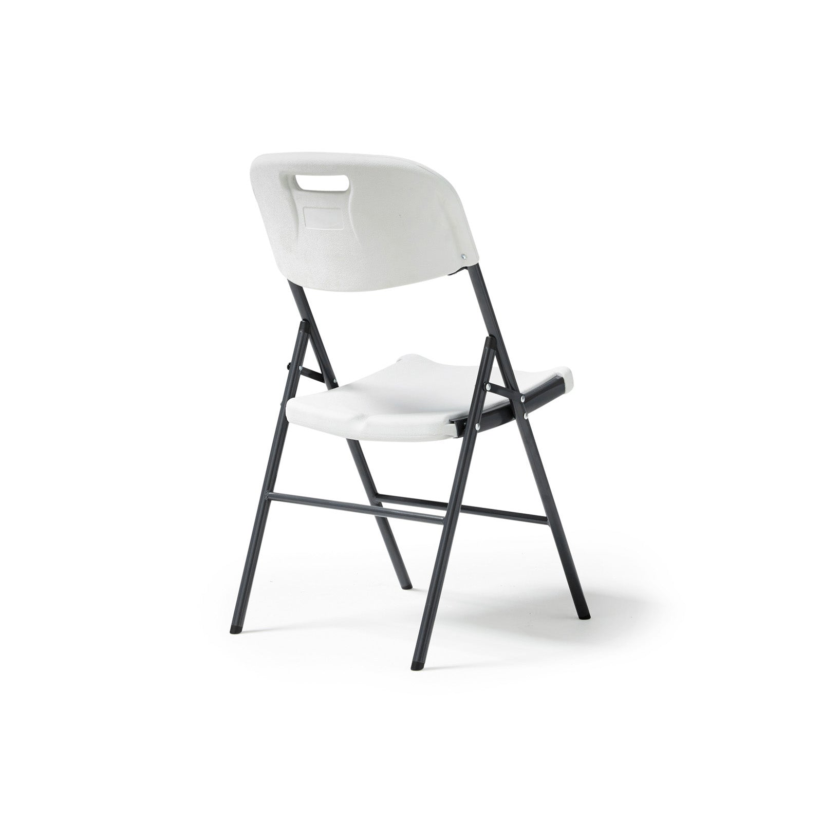 White folding chair with black legs on a white background