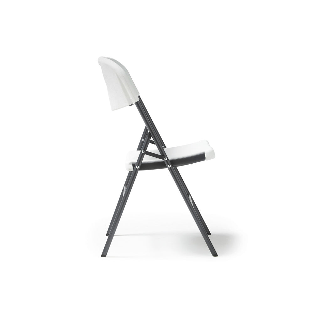 White folding chair with black frame on a white background