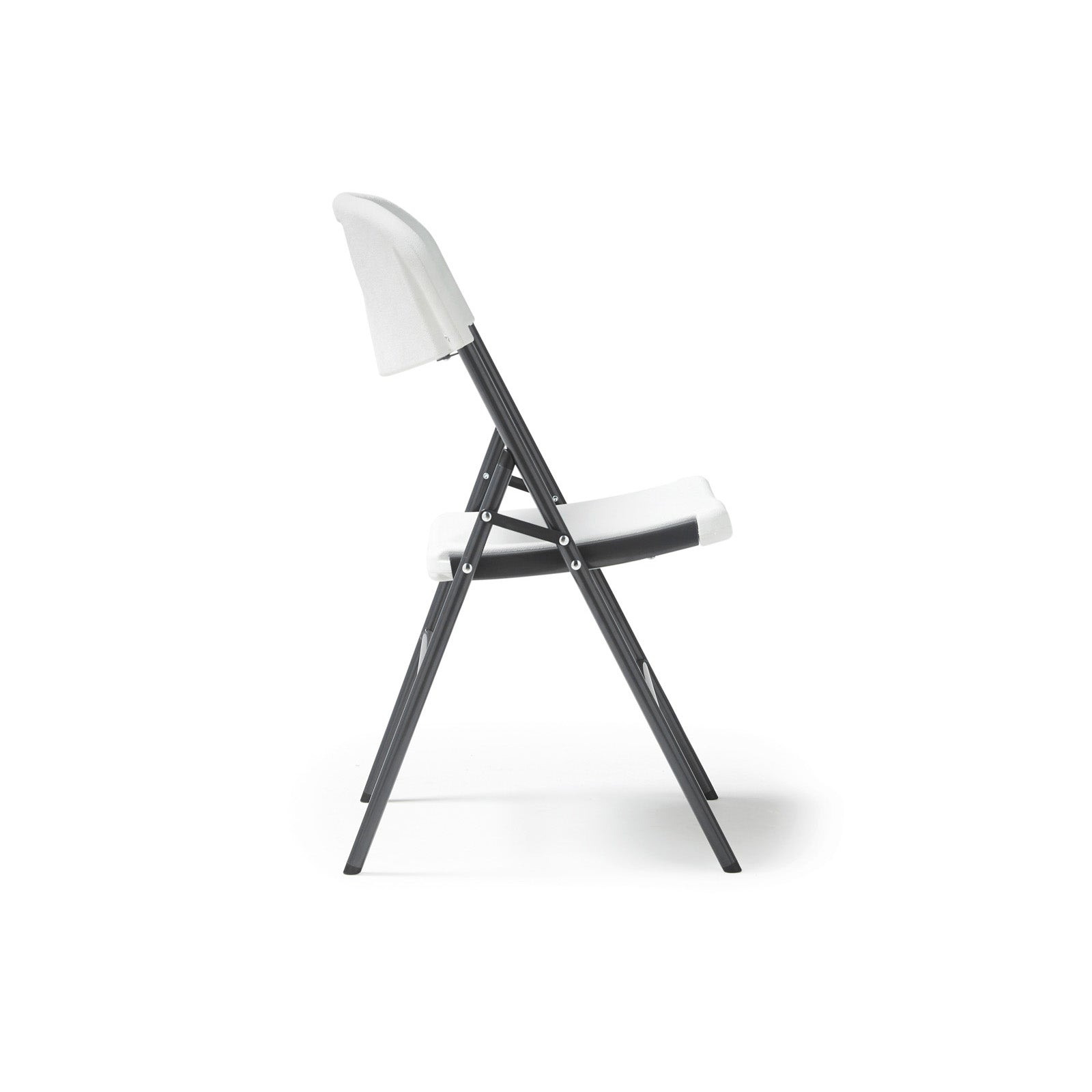 White folding chair with black frame on a white background