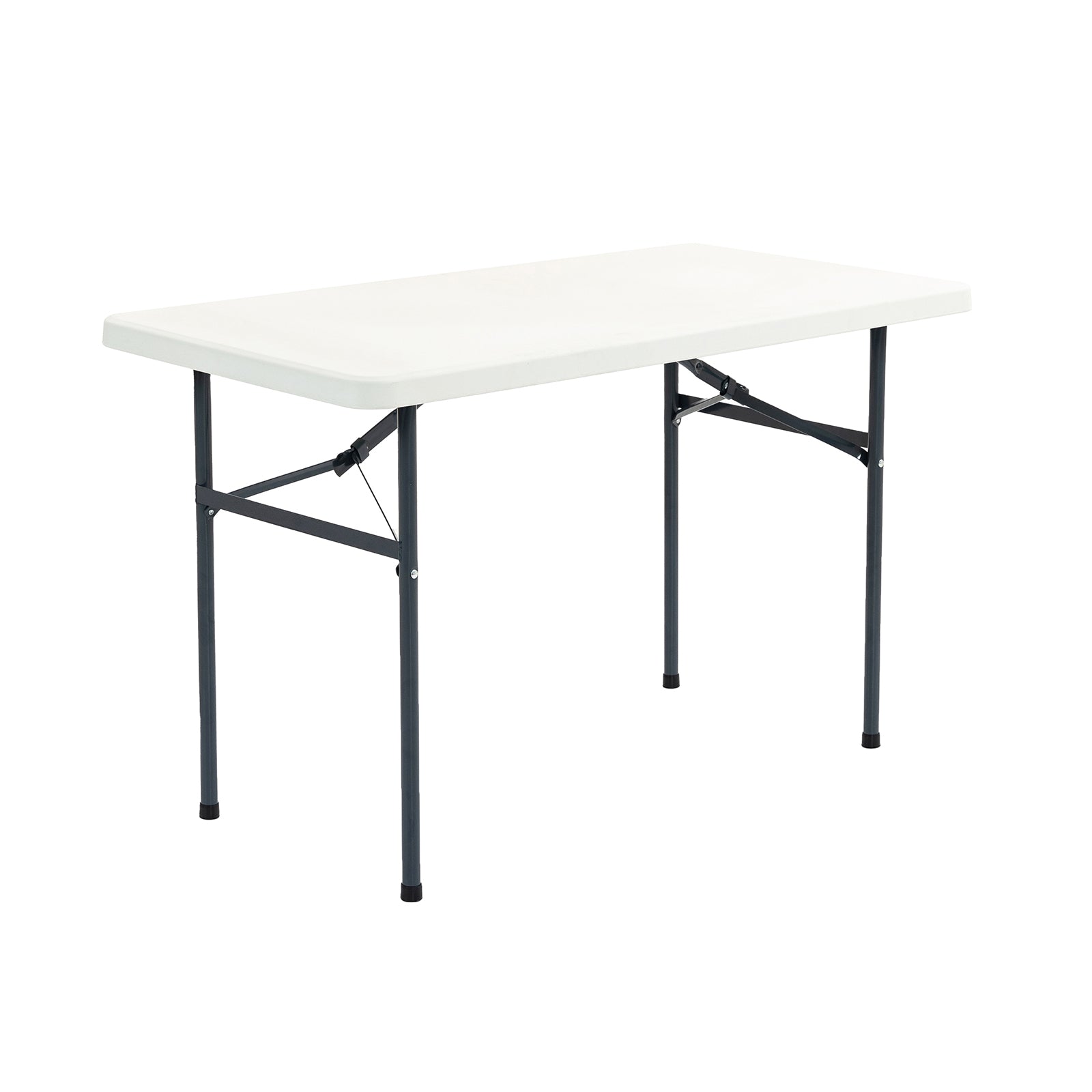 White folding table with black legs on a white background