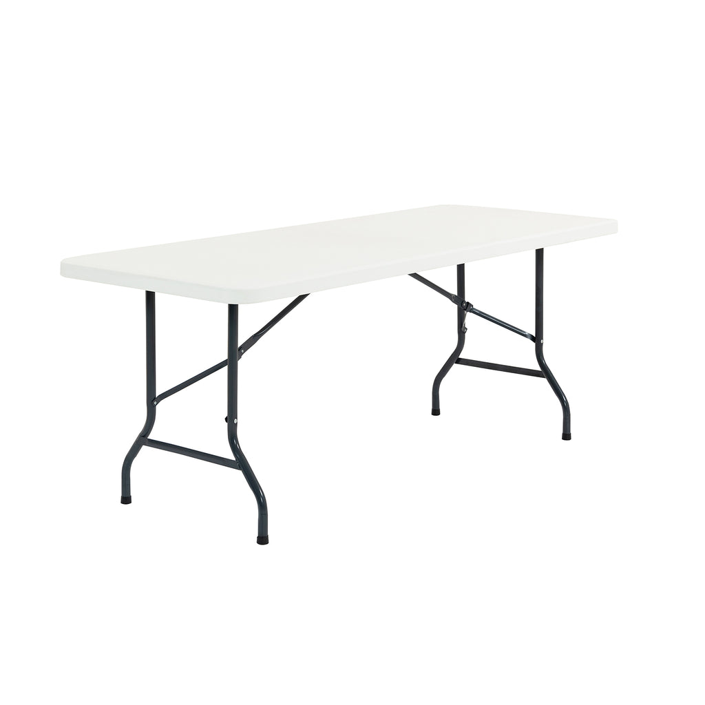 White folding table with black legs on a white background