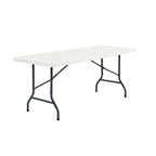 White folding table with black legs on a white background