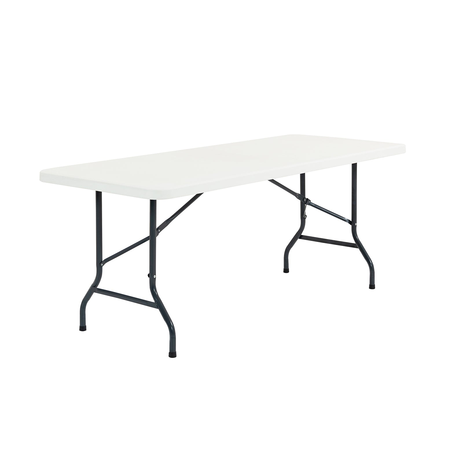 White folding table with black legs on a white background