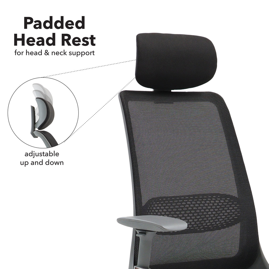 Close up of a chair with padded head rest on a white background
