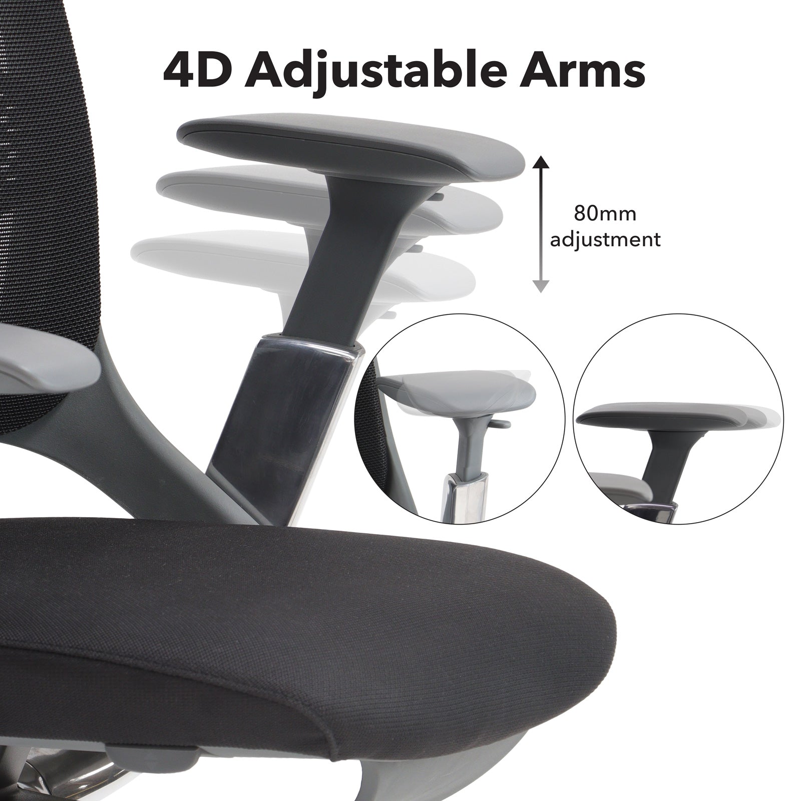Close up of a chair with adjustable arms on a white background